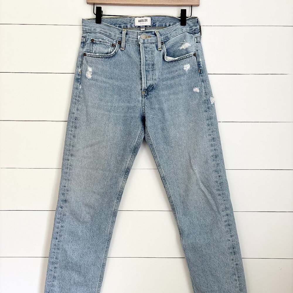 Agolde straight leg high rise light wash with little distressing jeans